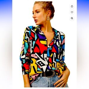 Vintage Big Dart Blouse Shirt Retro Geometric Print 90s EU 42 UK 12 (US 12)